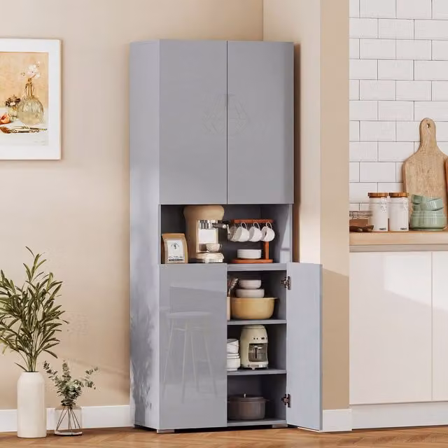 HOMCOM Grey Modern Glossy Kitchen Pantry Storage Cabinet with Hinged Doors and Open Shelves, Height: 180 cm