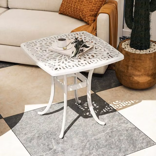 Outsunny White Metal Outdoor Garden Side Table with Umbrella Hole and Floral Design