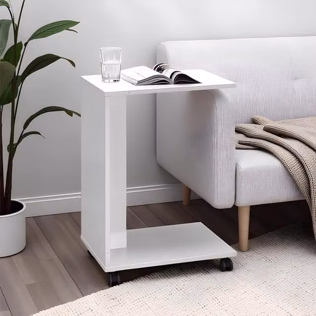 FWStyle Matt White Mobile Sofa End Laptop Table with Castors, W/D/H: 65 x 45 x 35 cm – 1
