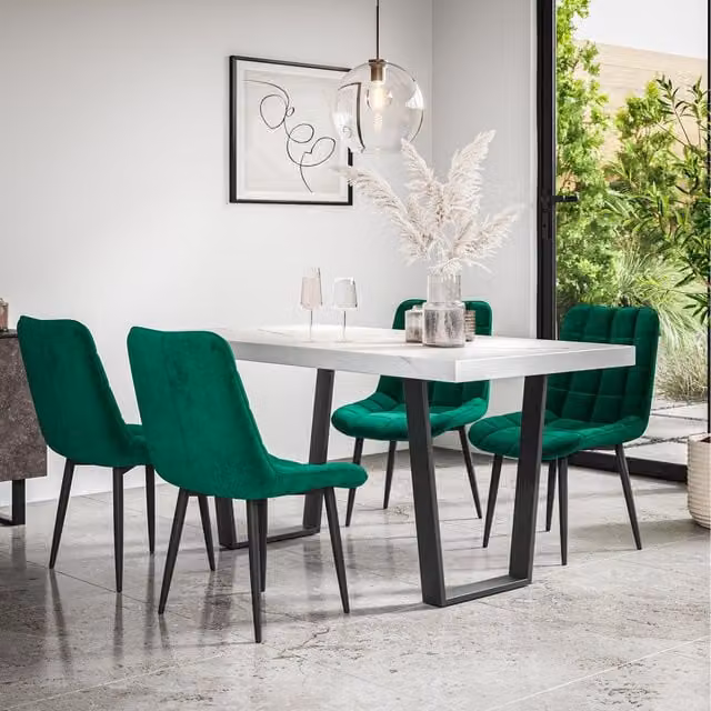 More4Homes Aria Dining Set with Marble Effect Rectangular Table and 4 Green Velvet Chairs