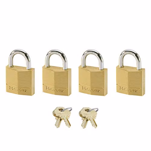 Master Lock Brass Small Padlocks Keyed Alike Family Pack of 4, Gold, W: 3.4 cm, D: 2 cm, H: 1 cm – 1