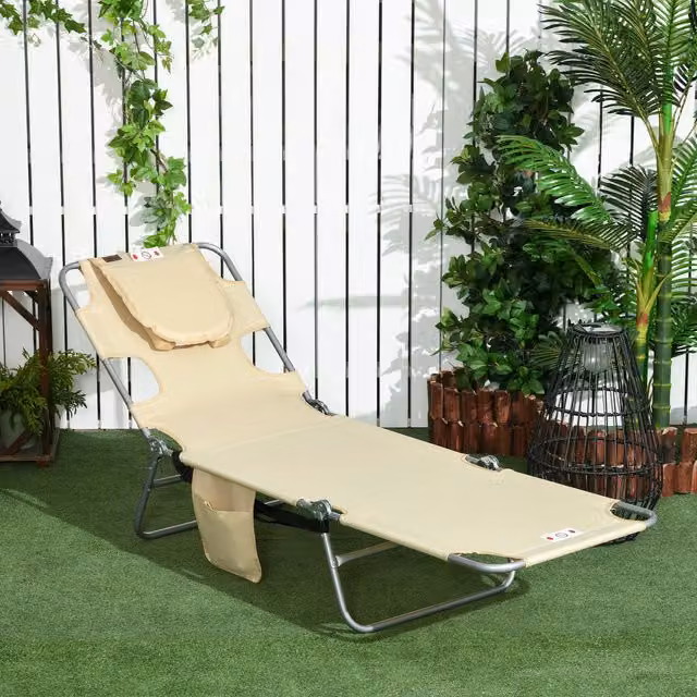 Outsunny Portable Beach Chaise Lounge in Beige with Adjustable Headrest and Multi-Position Glide