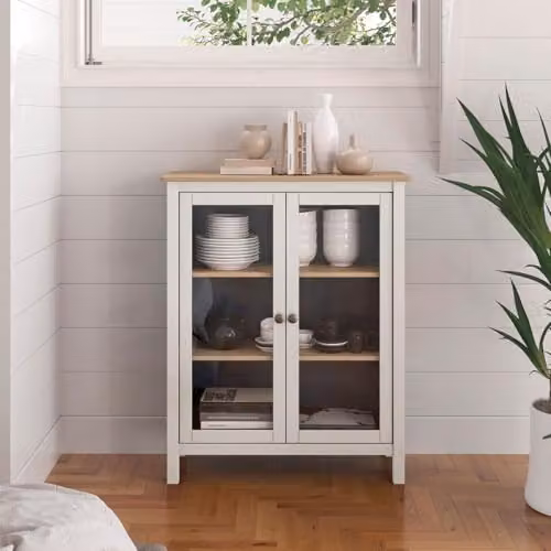 Calicosy Misti White 2-Door Wood Display Cabinet with Glass Doors, W: 90 cm, H: 110 cm – 2