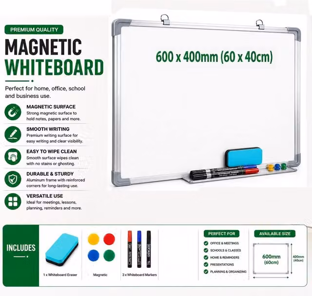 Atek Magnetic Whiteboard in White and Silver with Aluminium Frame, W: 60 cm, H: 60 cm