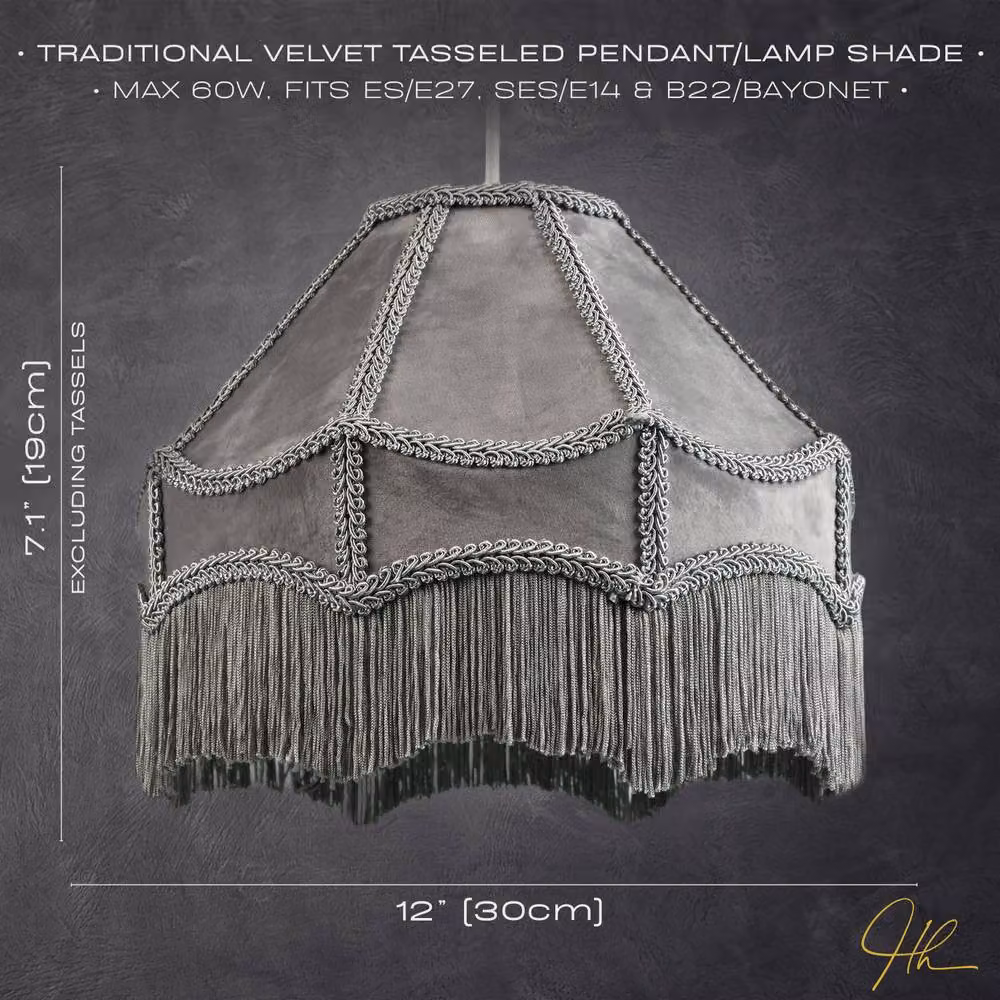 Happy Homewares Traditional Victorian Empire Soft Velvet Lamp Shade with Tassels in Grey, Diameter: 30.48 cm – 5