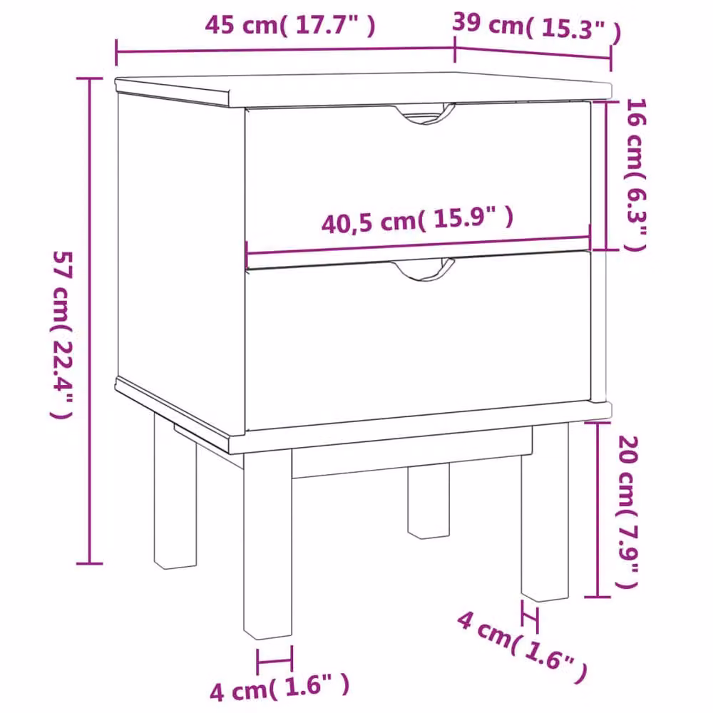 Berkfield Home Beautiful OTTA Bedside Cabinet in Brown Solid Wood Pine, W: 46 cm, D: 39.5 cm, H: 57 cm – 3