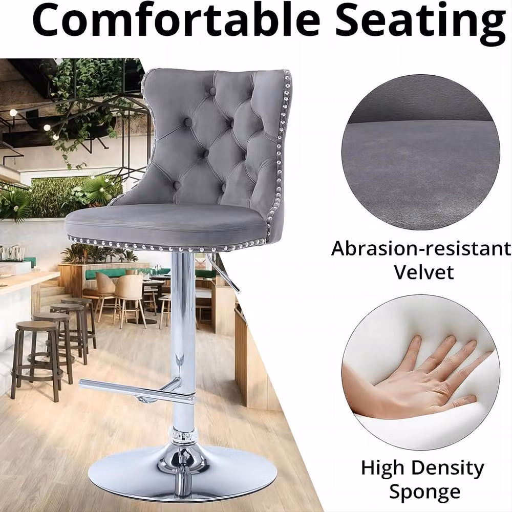 HomeTouch Vero Set of 2 Grey Velvet Upholstered Swivel Bar Stools with Chrome Metal Base – 4