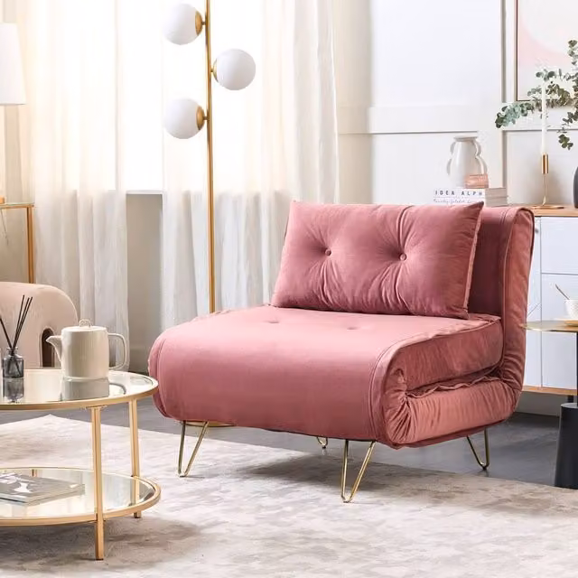Wyld and Coco Pink Velvet 1-Seater Fold-Out Sofa Bed with Gold Legs