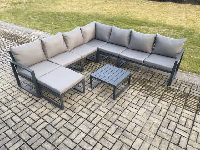 Fimous Modern L-Shape Outdoor Garden Furniture Set in Dark Grey with Powder Coated Aluminium Frame, Corner Sofa, Coffee Table and Ottoman