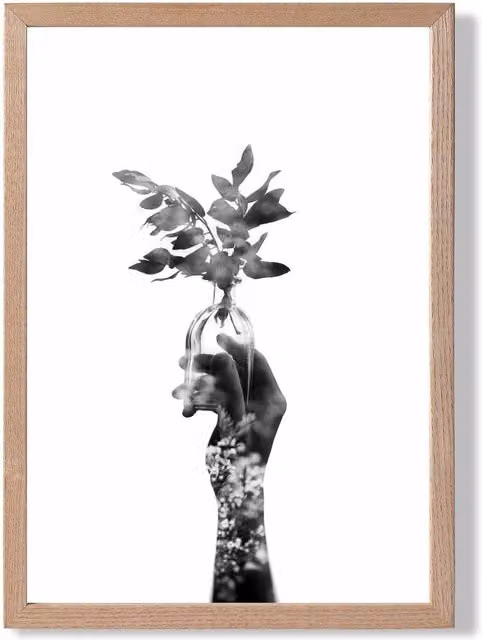 ARTZE Abstract Hand and Forest Black and White Framed Photo Print with Oak Frame, A3