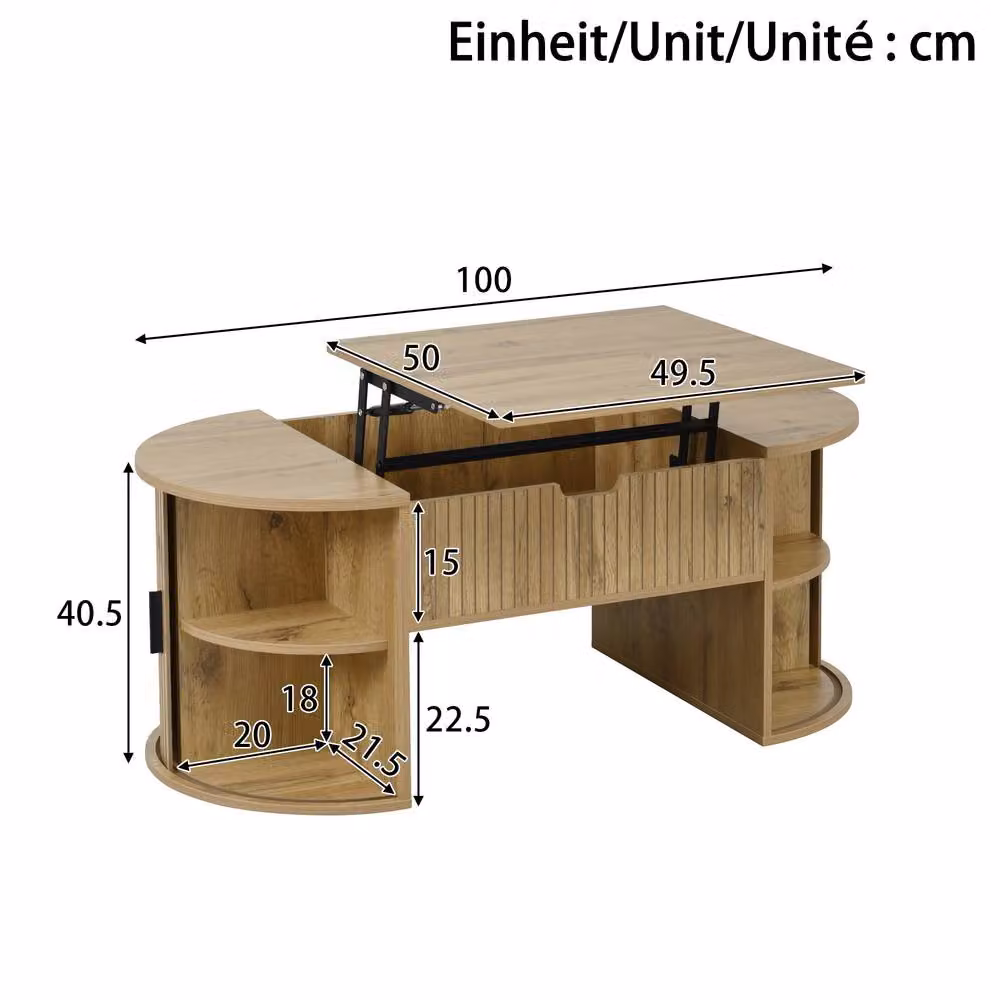 Merax Oval Lift-Top Coffee Table with Sliding Doors and Storage in Brown and Beige – 2