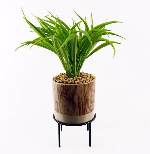 Leaf Modern Artificial Grass with Round Ceramic Planter and Metal Stand in Green and Brown, H 17 cm x W 12 cm x D 12 cm