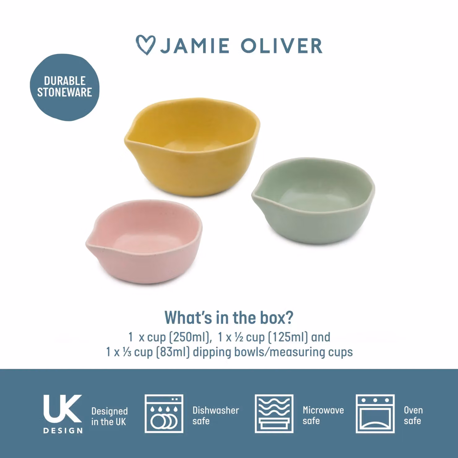 Jamie Oliver Big Love Nesting Pinch-Me Ceramic Stoneware Measuring Cup Set, Multicolour, Set of 3 – 4