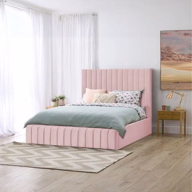 Desire Deco Emiliya Pink Velvet Upholstered Storage Bed, W/D/H: 120 x 200 cm