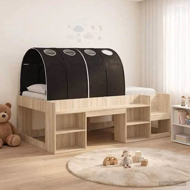 Berkfield Home 3-Piece Childrens Bed Frame with House Tunnel and Bedside Shelves in Sonoma Oak and Black – 1