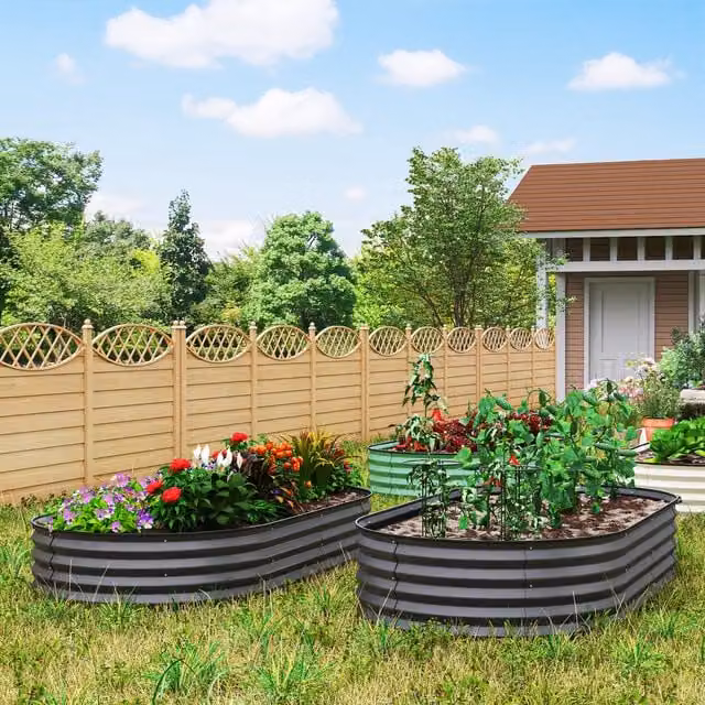 Outsunny Set of 2 Galvanised Steel Raised Beds with Plant Support Stakes in Anthracite Grey