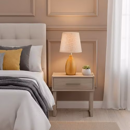 Happy Homewares Yellow Ceramic Etched Lined Table Lamp with Beige Fabric Shade, Height: 25 cm – 2