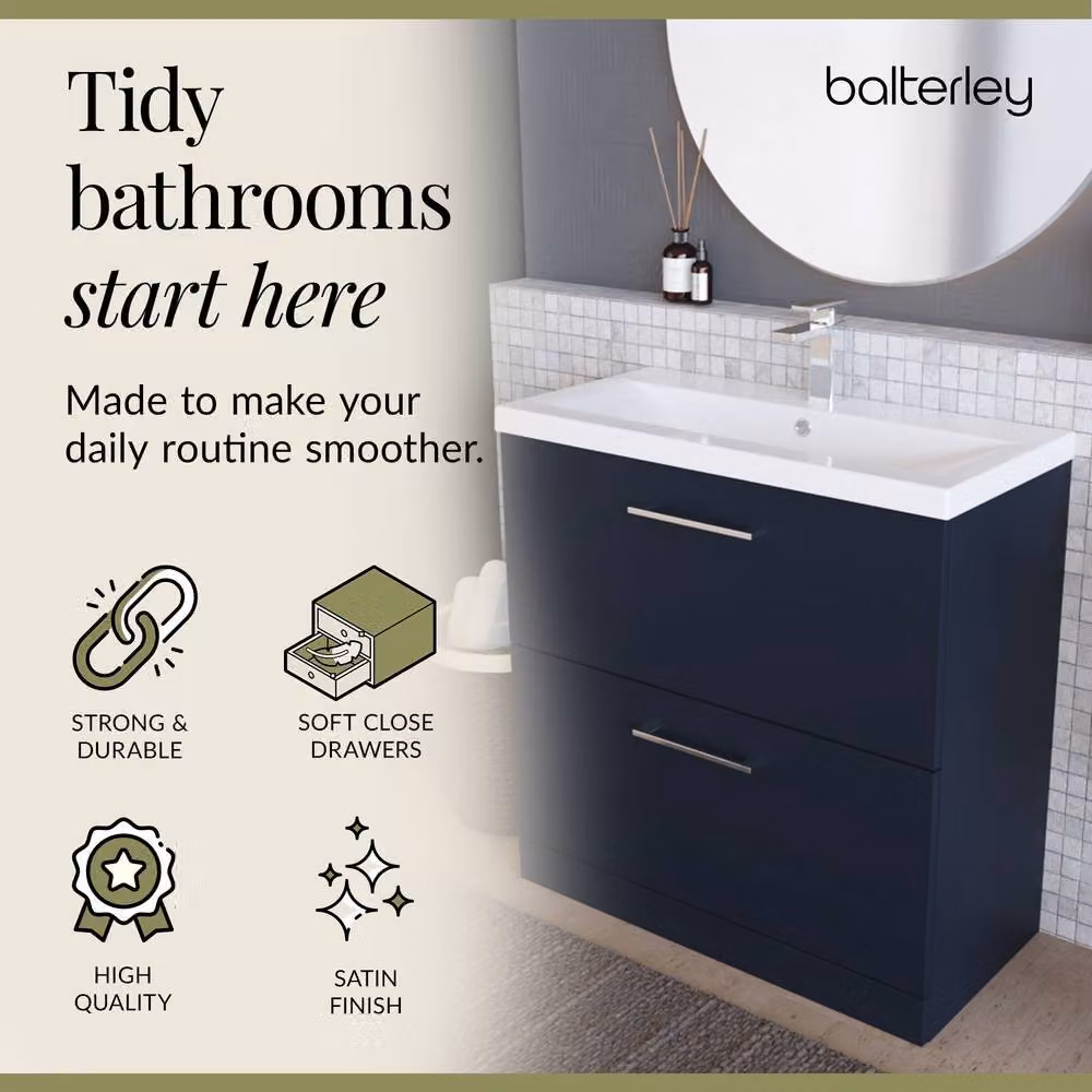 Balterley Contemporary Floor Standing 2 Soft-Close Drawer Bathroom Vanity Unit with Mid-Edge Ceramic Basin, Midnight Blue, W: 80 cm, D: 39 cm, H: 84 cm – 3