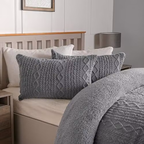 OHS Cable Knit Reversible Fleece Duvet Cover and Pillowcase Set, Grey, W/D/H: 135 x 200 cm with Pillowcases 50 x 75 cm – 1
