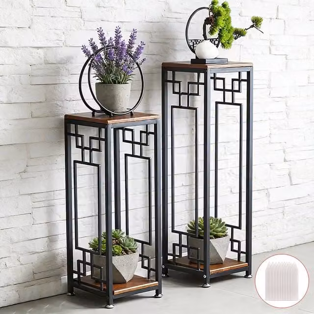EONLION Double Basin Metal and Wood Flower Rack in Brown with Adjustable Base – 1