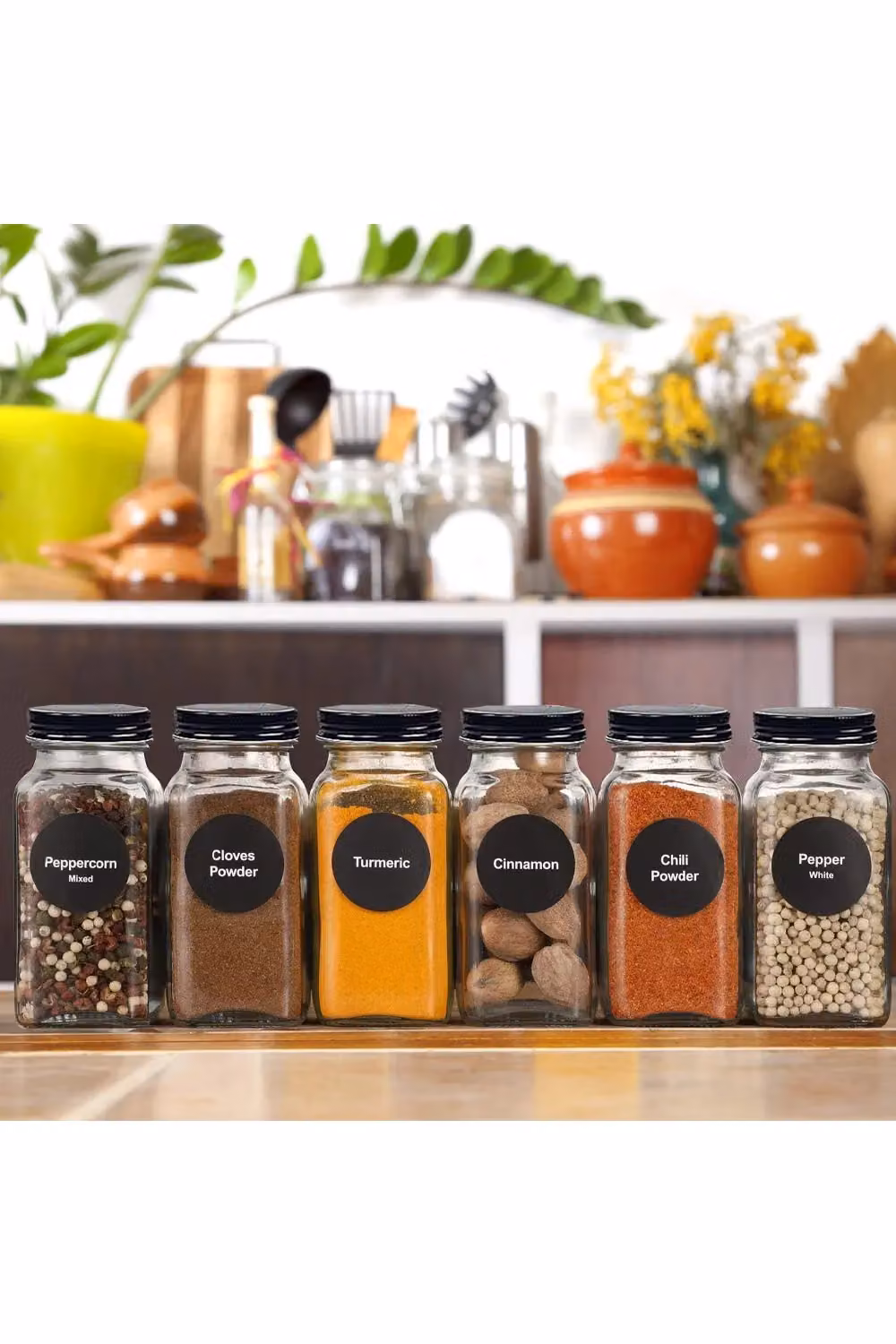 Living and Home Wall-mounted Spice Racks with 24 Glass Spice Jars, Black and Transparent – 1