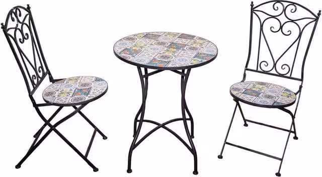 Shatchi Mediterranean Mosaic Bistro Set with Round Ceramic Table and 2 Folding Metal Chairs in Multicolour – 1