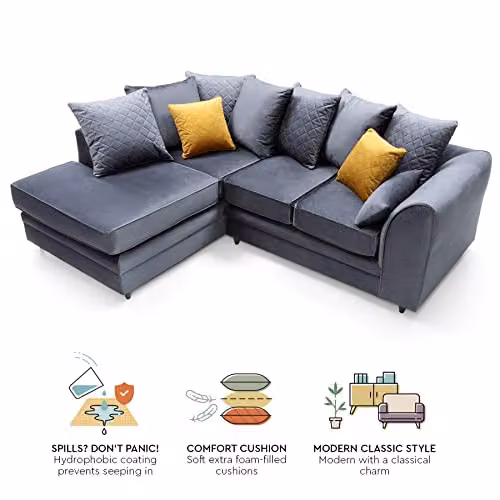 Abakus Direct Chicago L-Shaped Corner Sofa in Dark Grey Velvet Fabric, Left Hand Facing, W: 212 cm, D: 164 cm, H: 78 cm – 5