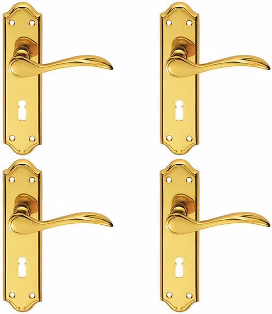Loops 4 Pairs of Curved Door Handle Levers with Lock Backplate in Polished Brass, W: 18 cm, H: 4.5 cm