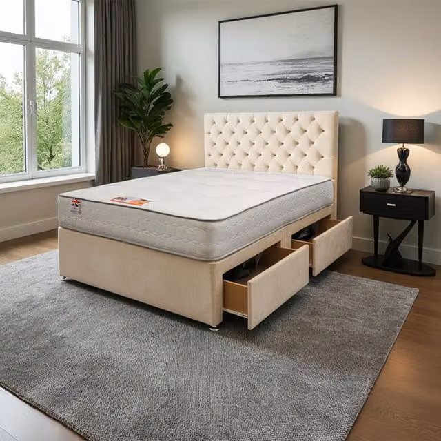 Knight Sleep Athens Plush Bed Set with Mattress and Headboard in Beige and White, W/D/H: 90 x 190 cm