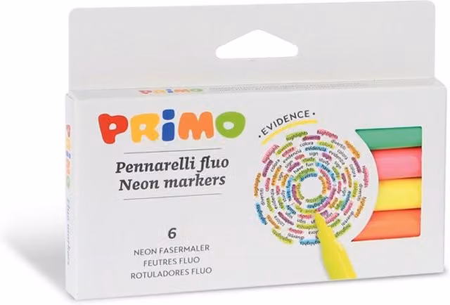 Primo 6 Pack Multicolour Fluo Fibre-Tip Highlighter Pens