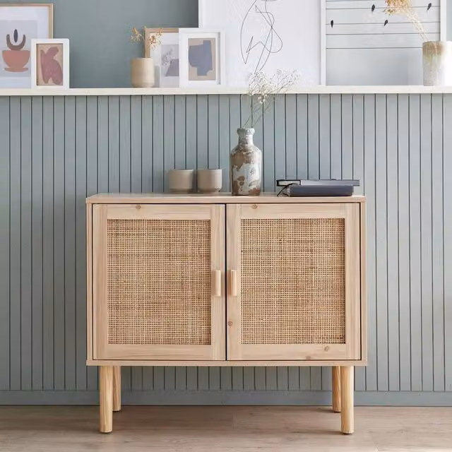 Sweekeek Vintage 2-Door Cabinet with Wood and Rattan Decor in Light Brown, W: 80 cm, H: 80 cm, D: 40 cm – 1