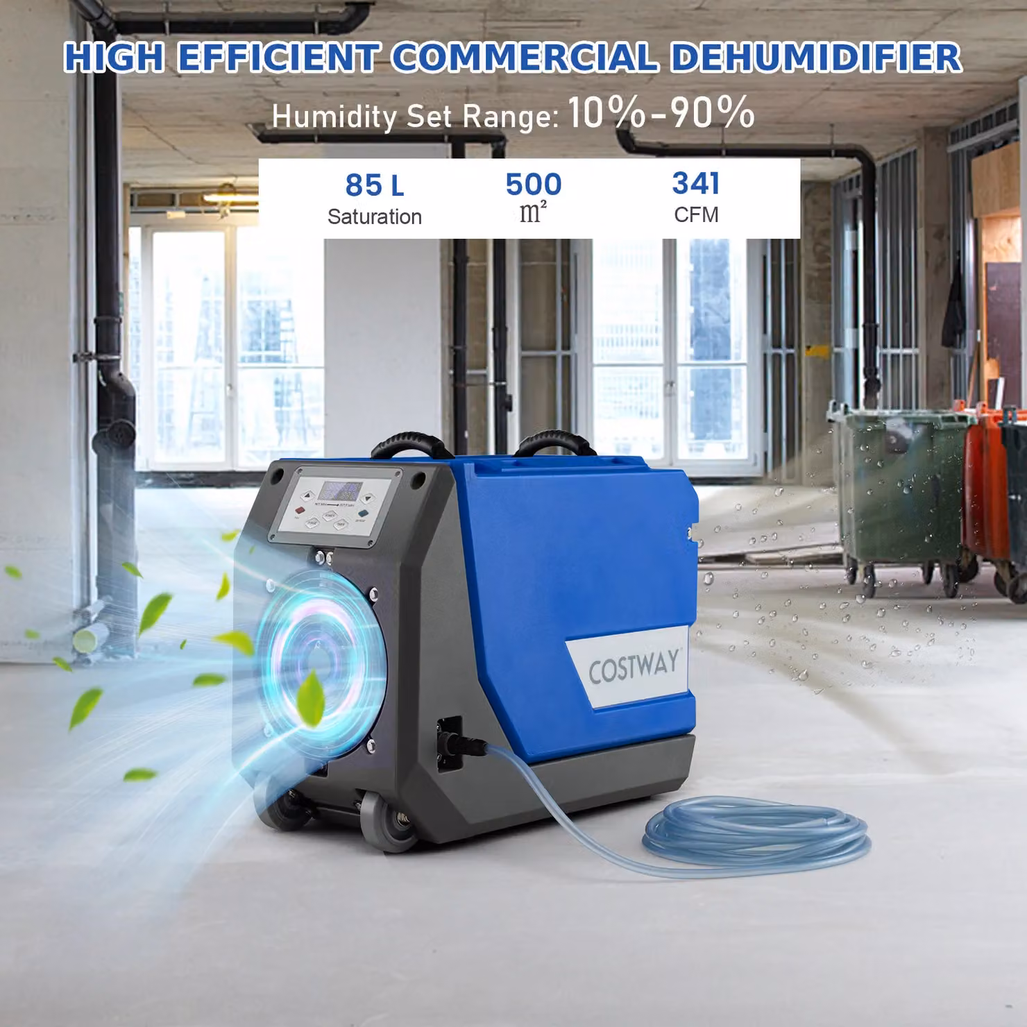 Costway 85L Commercial Industrial Dehumidifier with Pump Drain Hose, Blue – 6