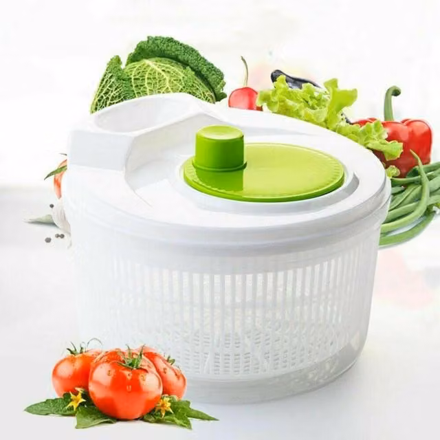 MantraRaj Round Plastic Salad Spinner and Vegetable Colander with Handles, White and Green