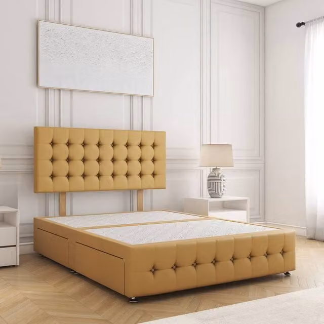 BSSPOKE Eva Plush Velvet Divan Bed Set with 24 inch Headboard and 4 Drawers, Mustard, W/D/H: 200 x 200 cm