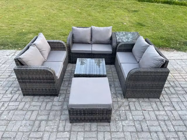 Fimous 7 Seater Dark Grey Polyrattan Garden Furniture Set with U-Shape Sofa, 2 Seater Sofa, Love Seat, Ottoman and Square Coffee Table