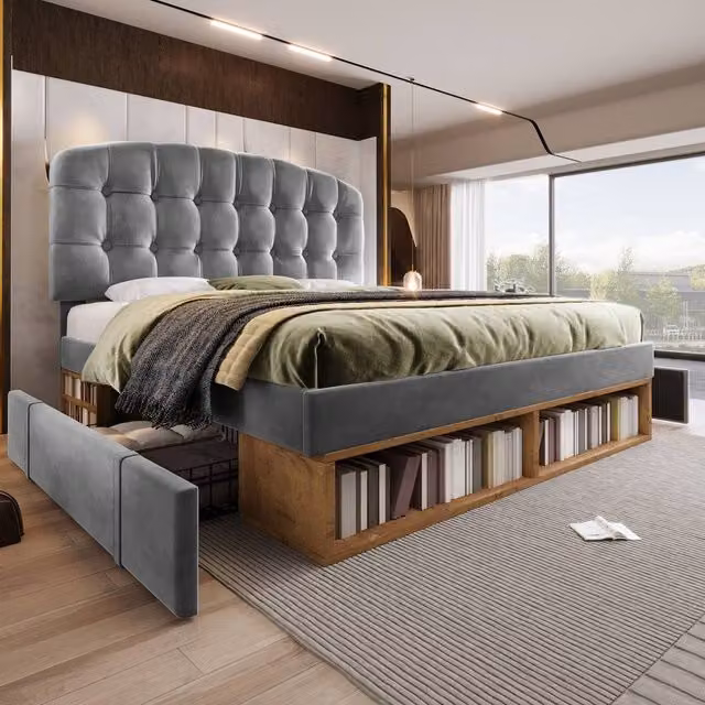 Matteo Grey Velvet Upholstered King Bed with Drawers and Bedside Shelf, W/D/H: 180 x 200 cm – 1