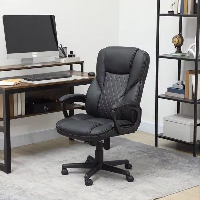HOMCOM Black Synthetic Leather High Back Executive Office Chair with Armrests