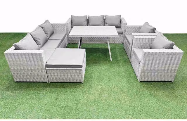 Fimous 9-Seater Modular Garden Sofa and Dining Set with Tempered Glass Table in Light Grey
