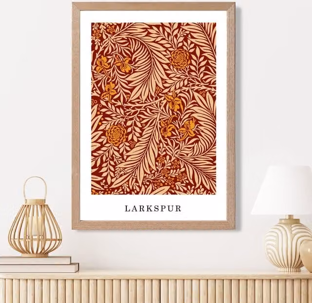 ARTZE Vintage William Morris Larkspur Floral Art Print in Orange and Beige with Oak Wood Frame, A2 – 1