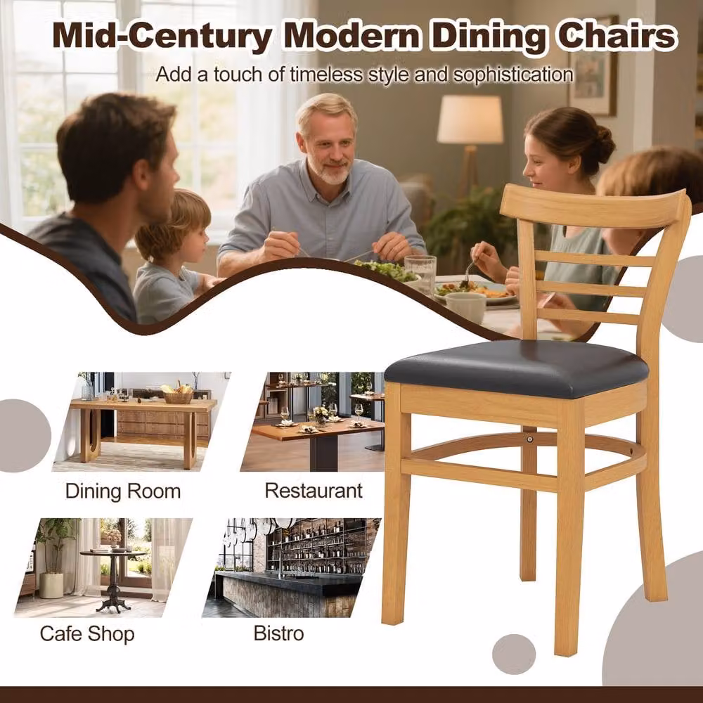 Costway Set of 2 Modern Mid-Century Dining Chairs in Natural PU Leather and Rubberwood – 6