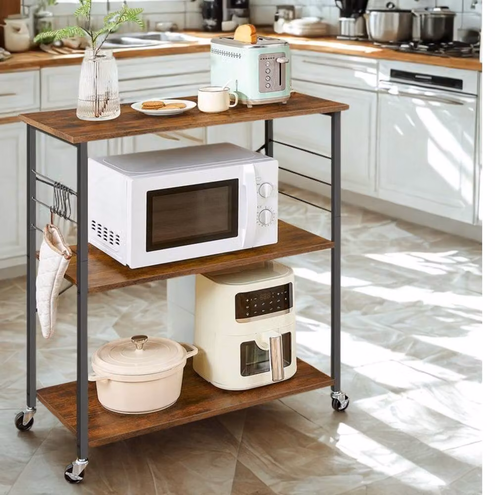 Pirlo Plush Rolling Kitchen Serving Trolley with Wheels, Rustic Brown, W: 40.0 cm, D: 40.0 cm, H: 89.0 cm – 3