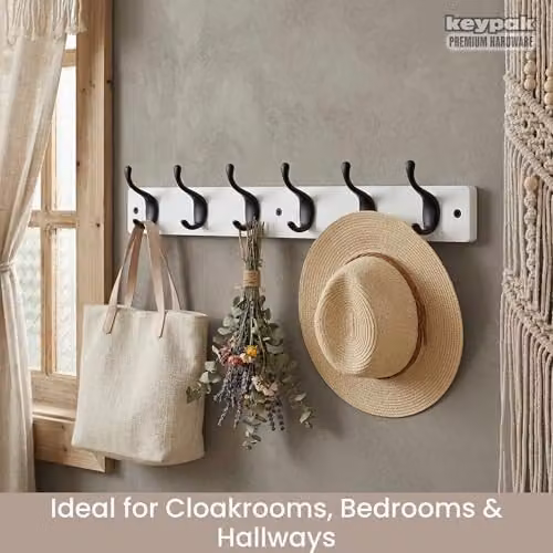keypak Modern Wall Mounted Coat Rack with 6 Matte Black Metal Hooks on a White Wood Base – 3