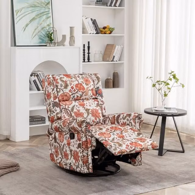 Furniture One Red Floral Fabric Manual Swivel Single Seater Recliner Chair