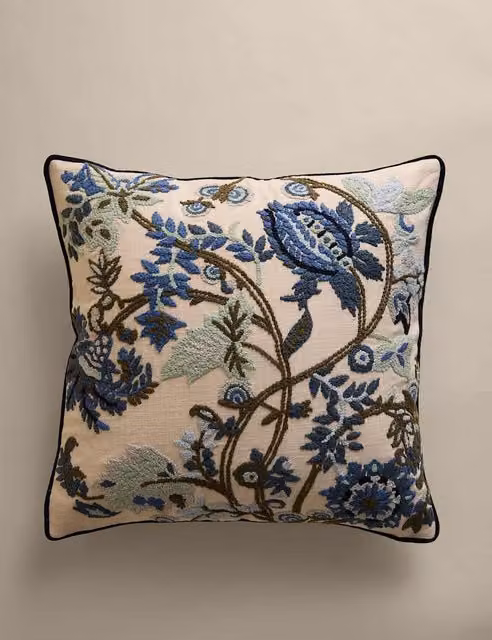 M&S Blue Mix Pure Cotton Square Floral Embroidered Cushion with Feather Filling