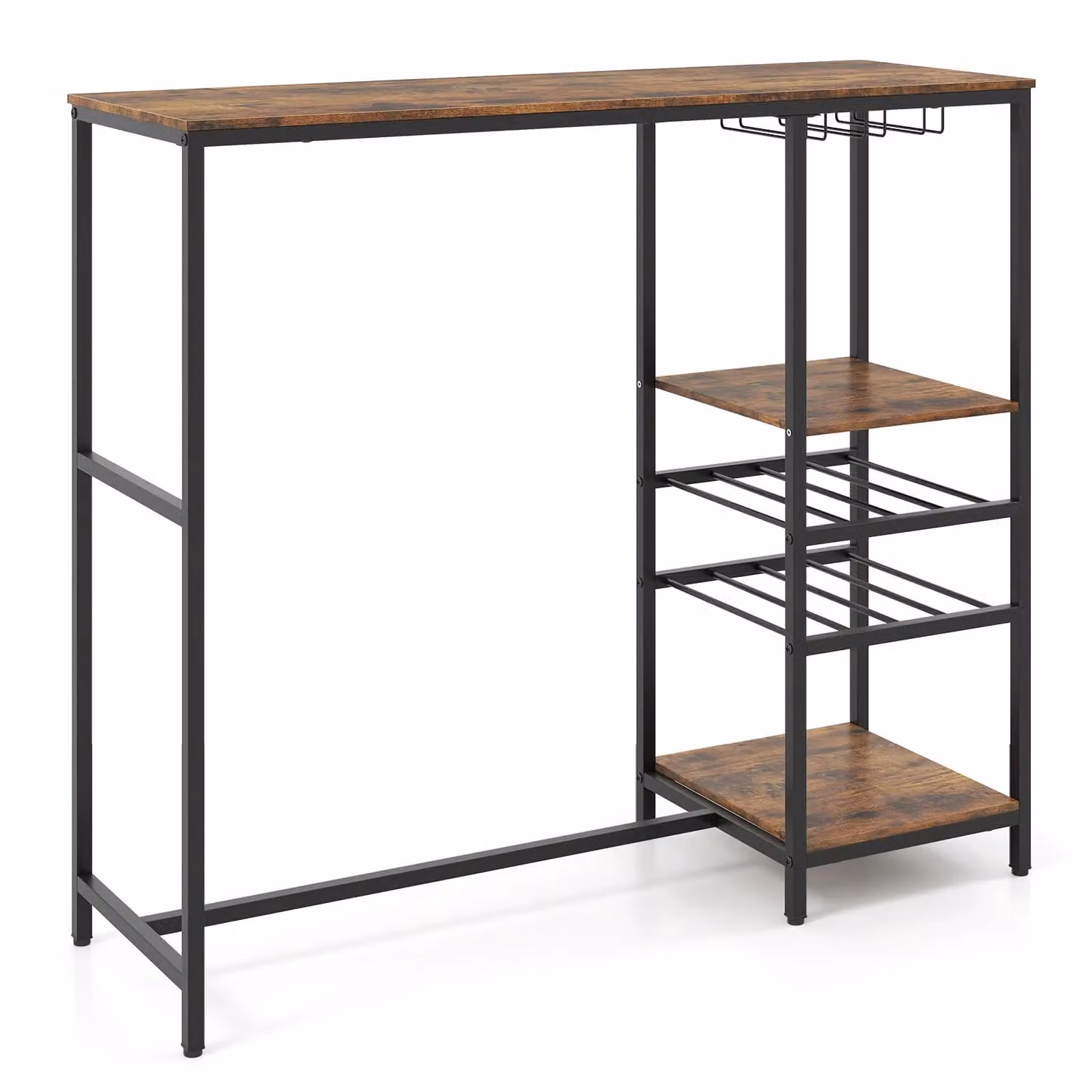 Gymax Rustic Brown Bar Table with Glass Top and Serving Shelves – 9