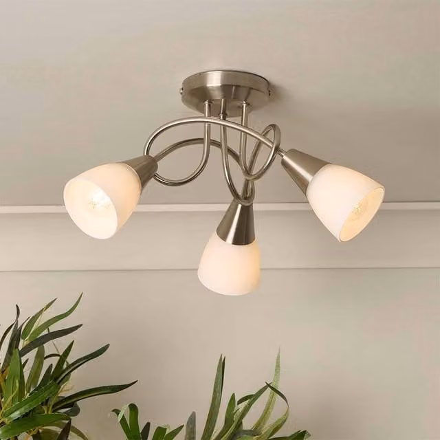 Lighting Collection Swirl-Arm 3-Light Ceiling Fitting with Silver Metal and White Glass Cone Shades – 1