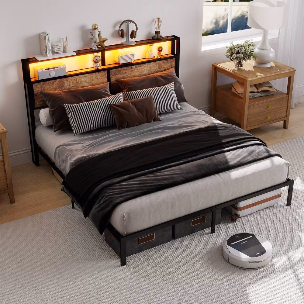 Rolipo Double Metal Bed Frame in Black with Smart LED Under-Bed Lighting and Storage Headboard W/D/H: 140 x 200 cm – 2