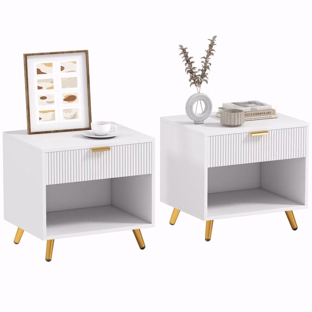 HOMCOM Set of 2 Modern White and Gold Bedside Tables with Drawer and Open Compartment – 2