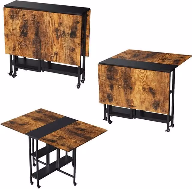 KORVIXA Extendable Square Kitchen and Dining Table in Brown and Black with Folding Top and Insert Leaf, H: 76 cm x W: 80 cm x D: 80 cm – 1