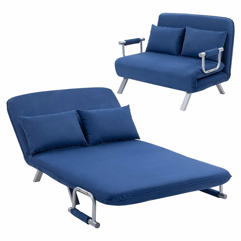 HOMCOM Modern Click-Clack Convertible 2 Seater Fabric Sofa Bed in Blue with Scatter Cushions – 2